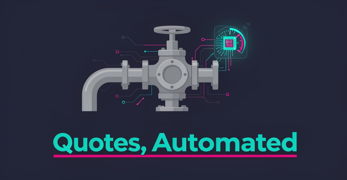 Flat illustration of an AI-connected wellhead valve with digital circuit lines, headline reading Quotes, Automated.