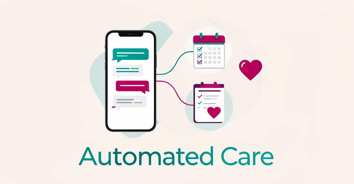 Flat illustration of a smartphone with automated messaging flowing to calendar and wellness icons, symbolizing AI-driven clinic onboarding and follow-ups.