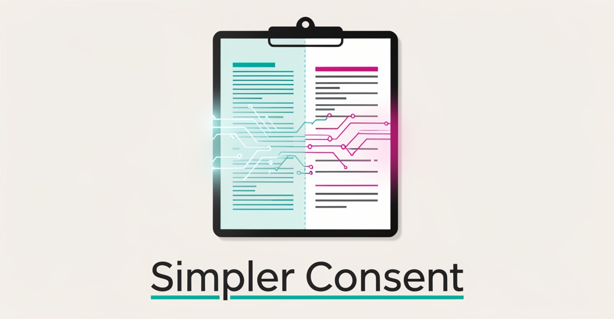 Flat illustration of a LASIK consent form being simplified by AI automation, accented in teal and magenta with the headline Simpler Consent.