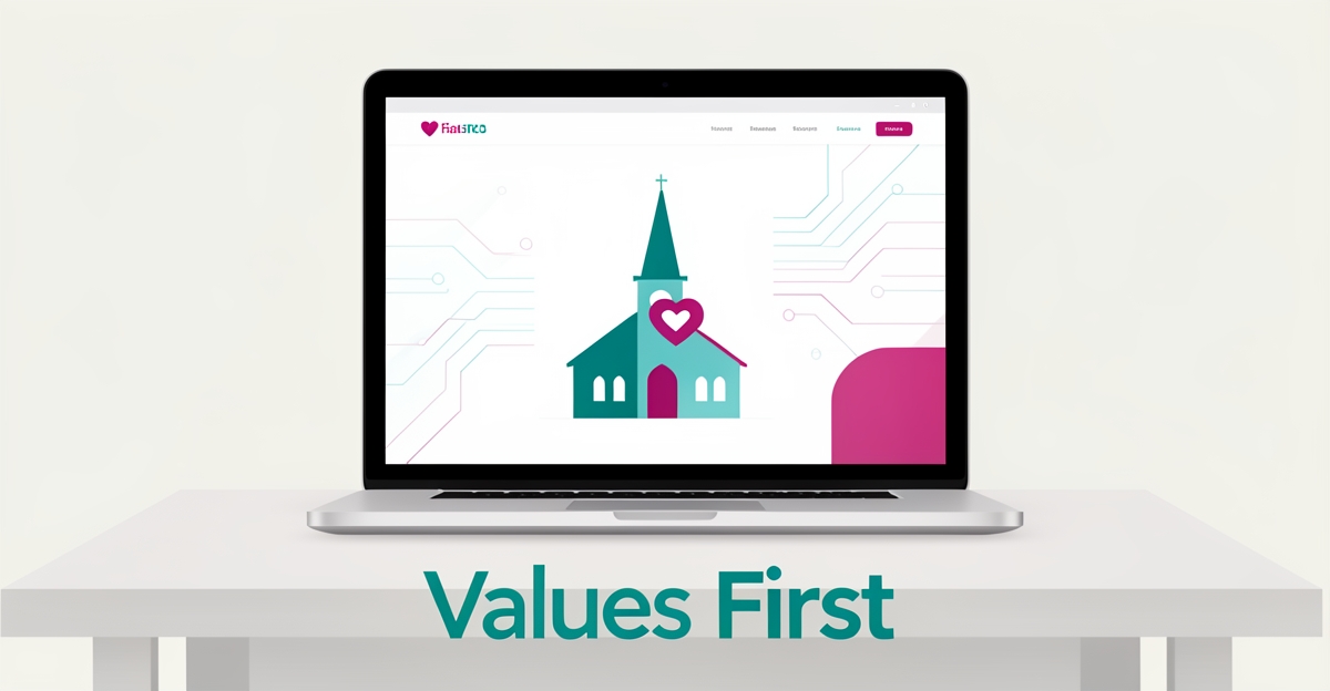 Flat illustration of a laptop showing a values-driven ministry website design with teal and magenta accents and the headline Values First.