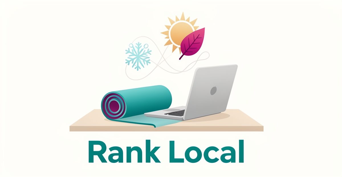 Flat illustration of a laptop and yoga mat with seasonal motifs and flowing data lines in teal and magenta, headlined Rank Local.