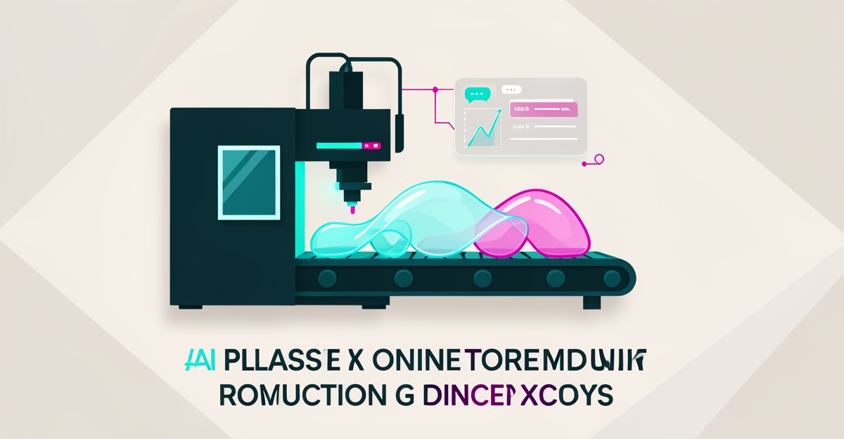 Flat illustration of AI-enabled plastic molding with data flow and translucent parts emphasizing transparent customer communication.