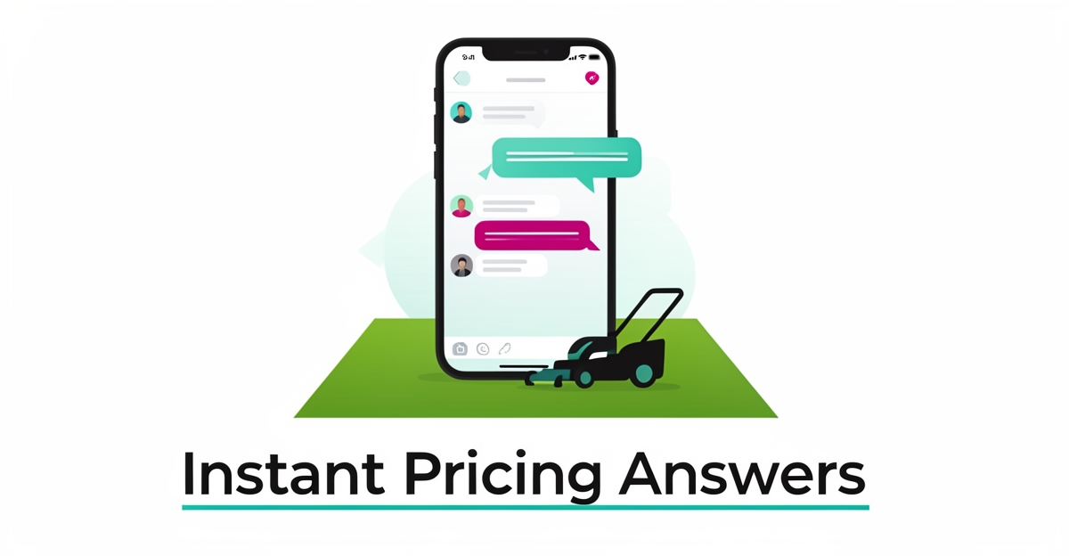 Flat illustration of a smartphone chatbot answering lawn care pricing questions over a stylized green lawn with teal and magenta accents.