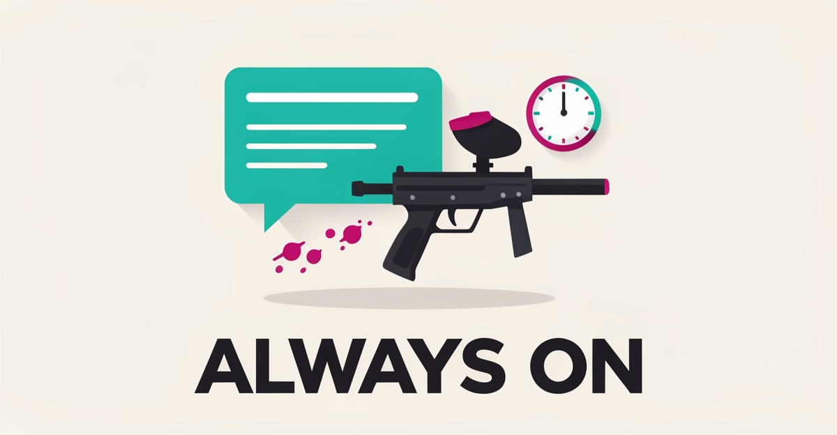 Flat illustration of a chat bubble, paintball gear, and a 24/7 clock with the headline Always On, symbolizing AI chatbots handling paintball questions around the clock.