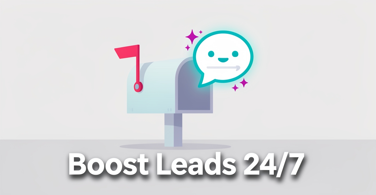 A minimalist flat illustration of a mailbox with an AI chatbot chat bubble, using brand colors to symbolize 24/7 customer support and lead generation for repair shops.