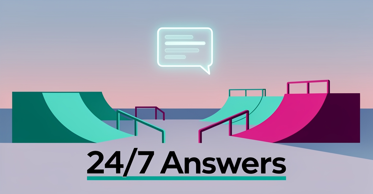 Flat illustration of a skate park at dusk with a glowing AI chat bubble and the headline 24/7 Answers in teal and magenta accents.