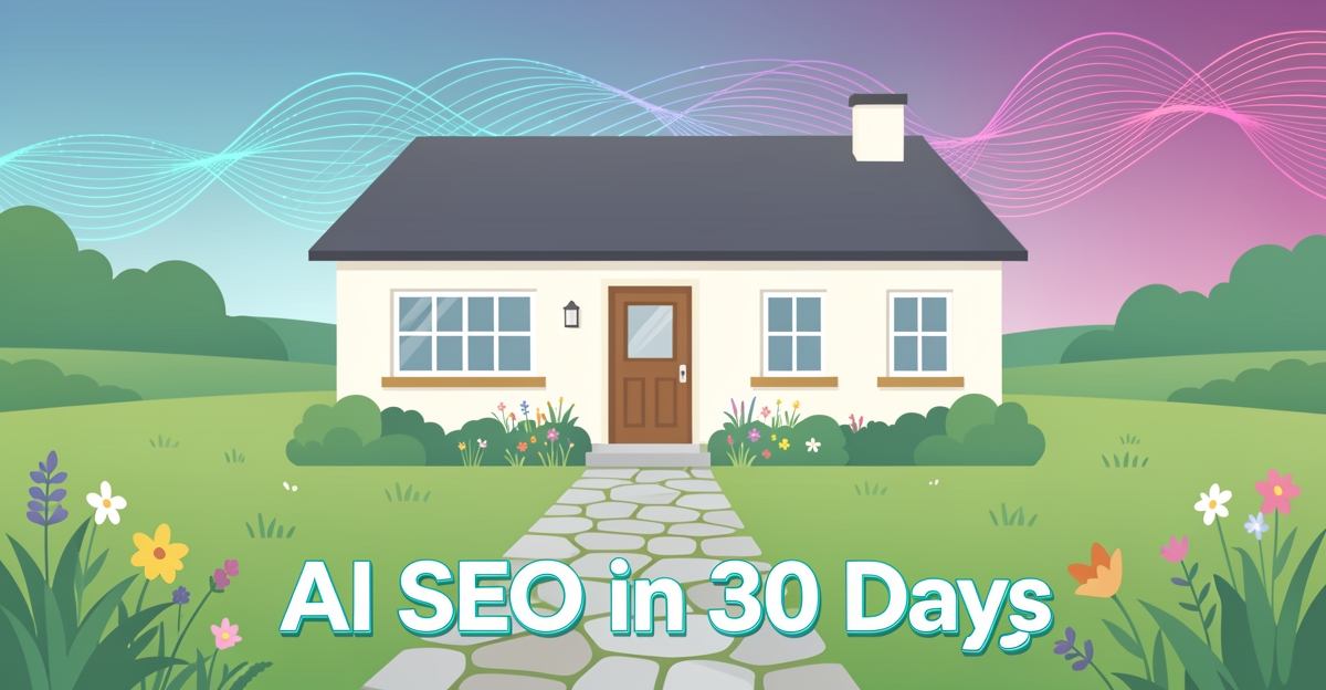 A minimalist flat illustration of a bed and breakfast surrounded by nature, with digital AI waves in the sky and the headline 'AI SEO in 30 Days' in the lower third.