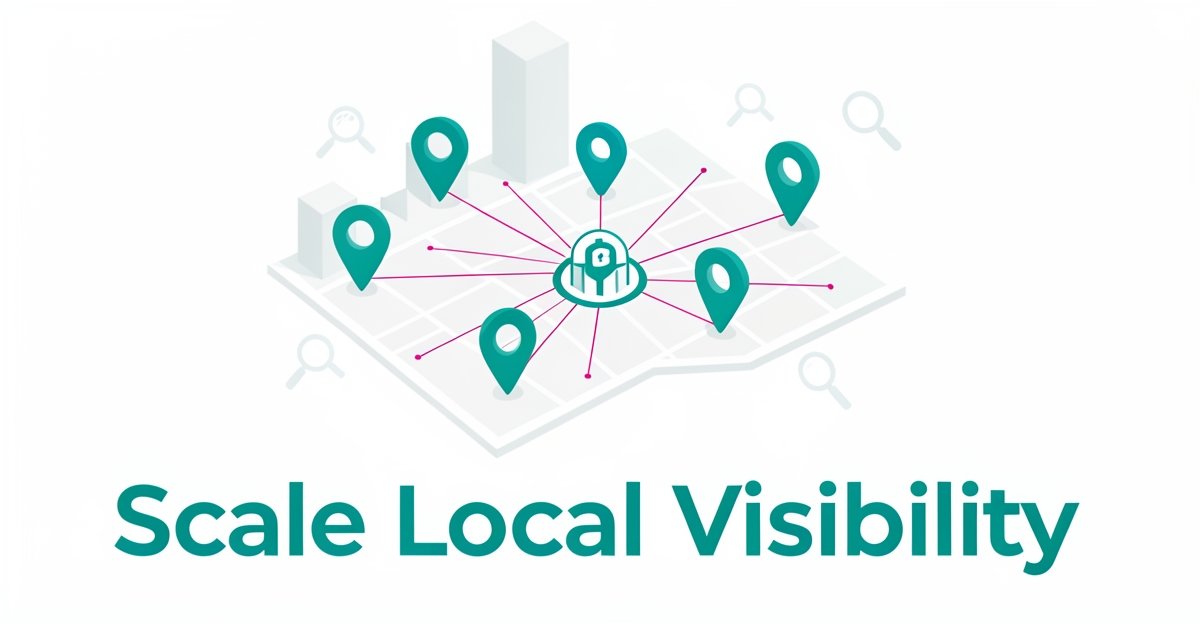 Flat illustration of a local map with teal pins and magenta data lines representing AI content scaling for sleep clinic local search.