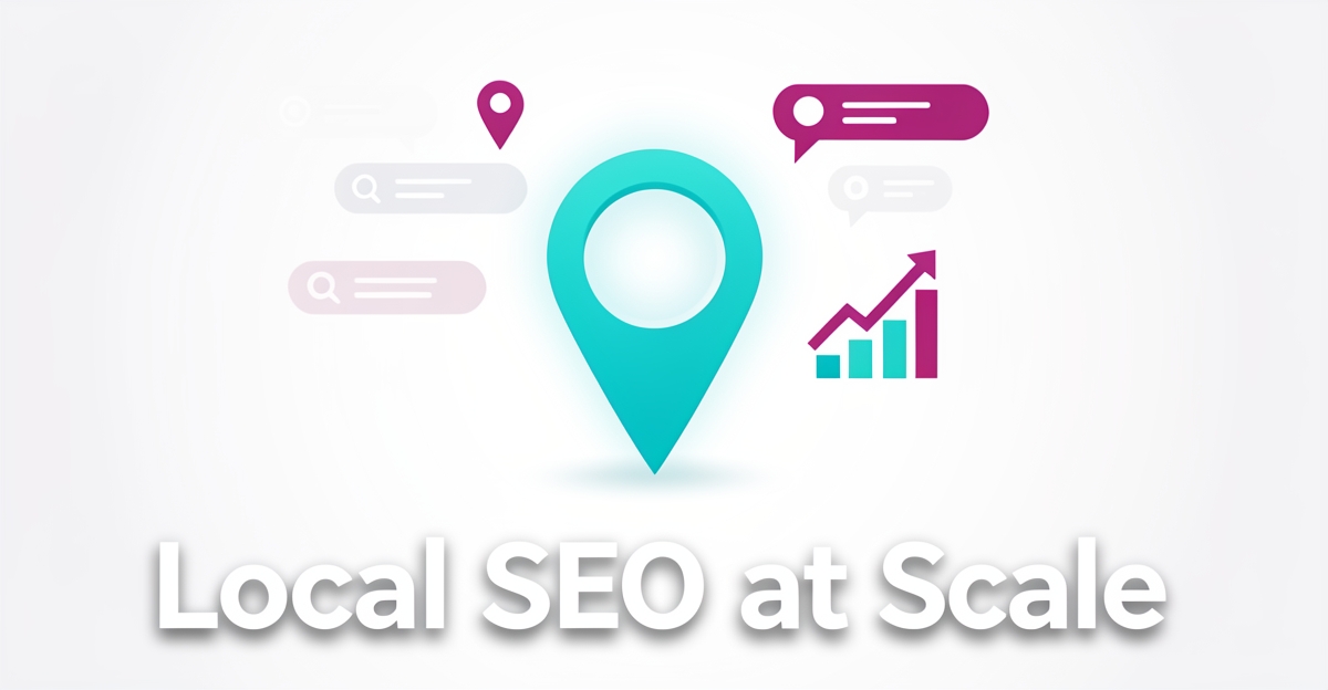 A minimalist flat illustration of a glowing map pin with digital search elements and rising graphs, using brand colors, with the headline 'Local SEO at Scale' in the lower third.