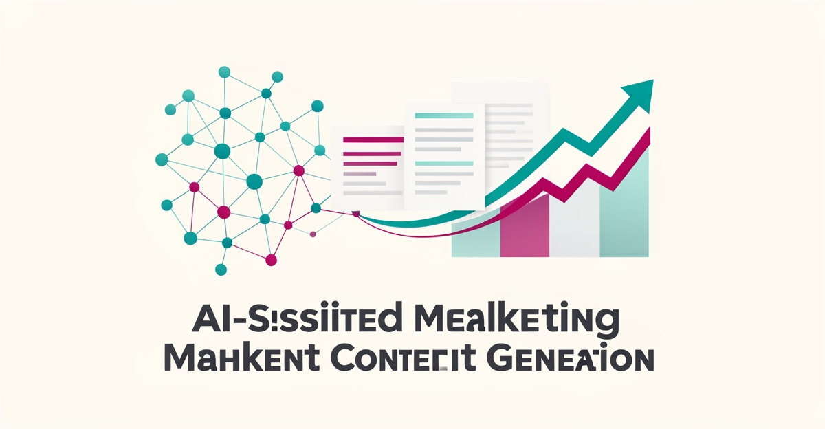 Flat illustration of a neural network flowing into documents and a rising graph in teal and magenta, symbolizing AI-powered healthcare marketing content.