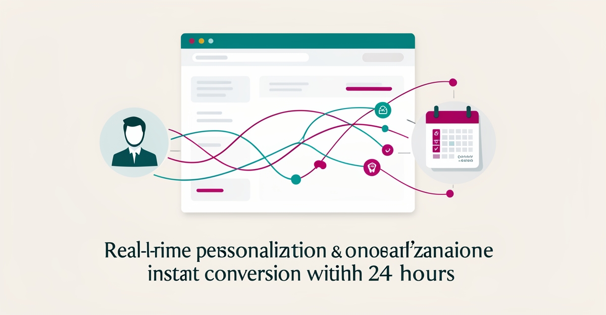 Flat illustration of AI website converting visitors to bookings in 24 hours with teal and magenta accents.