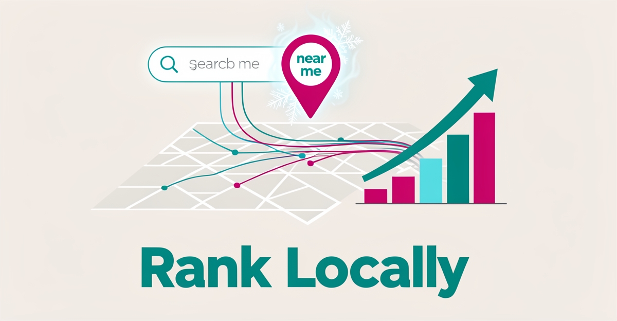 Flat illustration of a location pin search connecting to a rising analytics graph, symbolizing local SEO ranking growth.