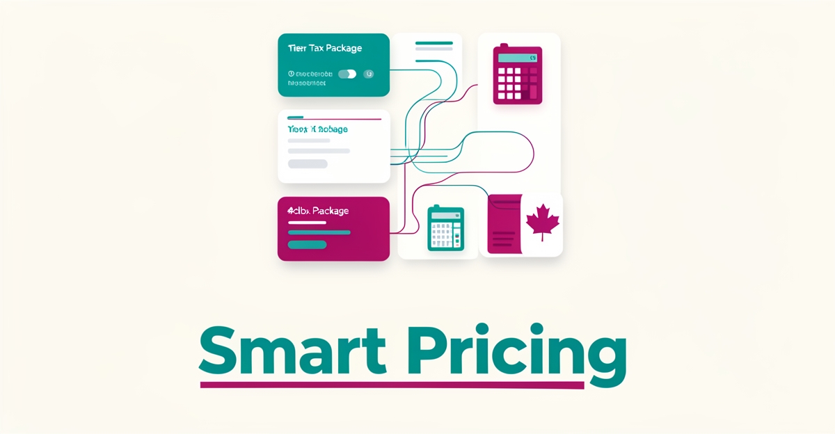 Flat illustration of an AI-powered pricing dashboard with tiered tax packages in teal and magenta, headlined Smart Pricing.