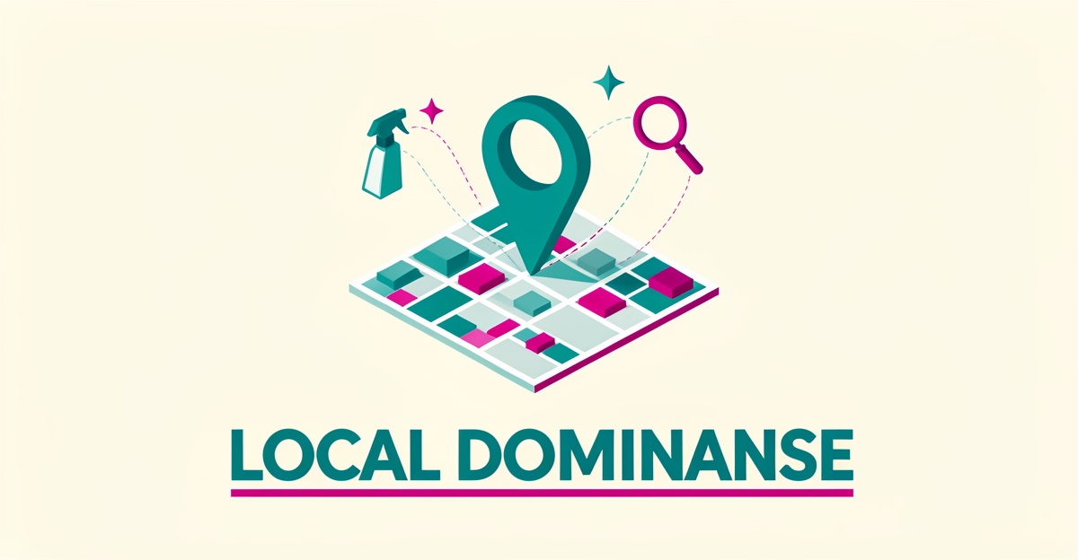 Flat illustration of a map pin with cleaning and search icons over a city grid, highlighting AI-driven local SEO for cleaning companies.