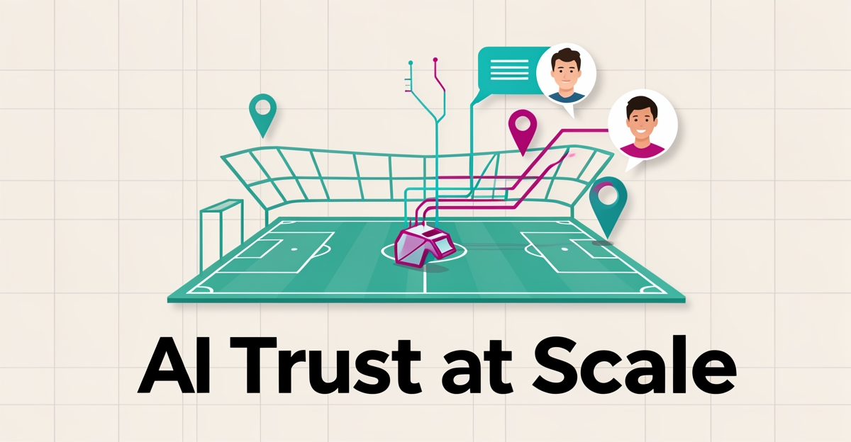 Flat illustration of AI data streams creating localized sports officiating testimonials with teal and magenta accents.