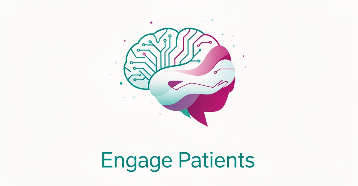 Minimalist flat illustration of a brain merging with circuit lines and calming abstract shapes in teal and magenta, with headline 'Engage Patients'.