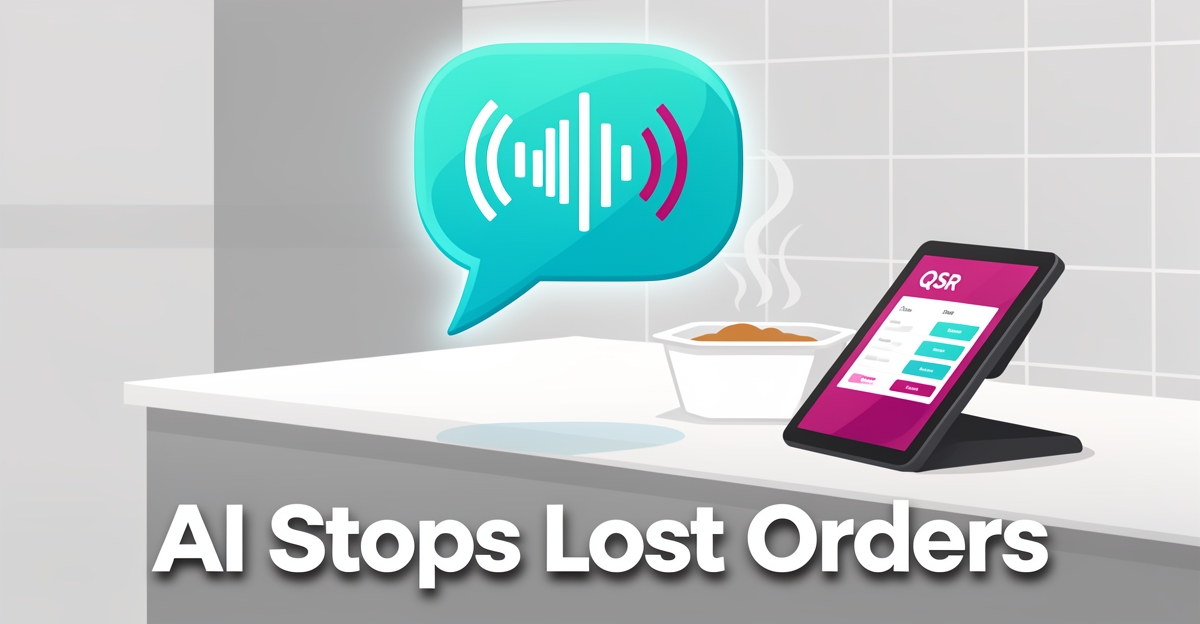 Modern flat illustration of an AI voice assistant hologram above a QSR order tablet, with brand-colored accents and the headline 'AI Stops Lost Orders' in the lower third.