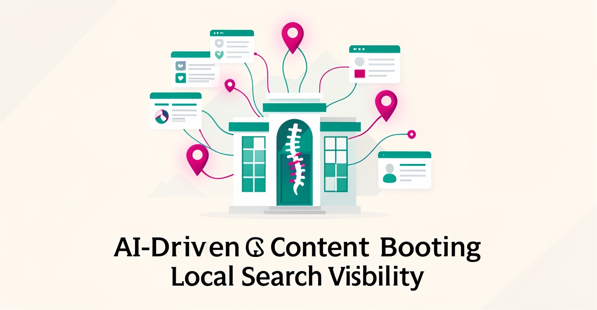 Flat illustration of a chiropractic clinic with location pins and data lines showing AI-driven content boosting local search visibility.