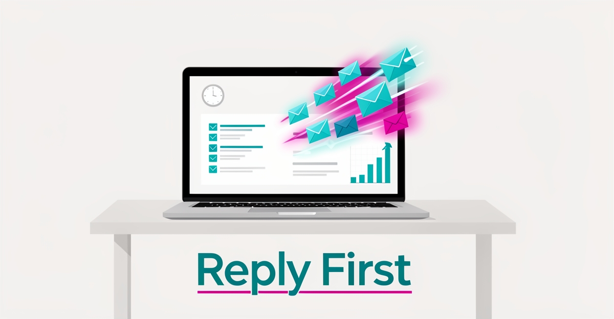 Flat illustration of a laptop sending automated email responses at speed with growth chart accents in teal and magenta, titled Reply First.