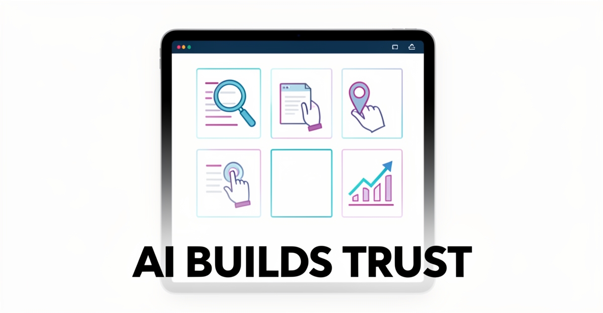 Modern flat illustration showing AI transparency workflow with human review and local SEO elements, branded in teal and magenta, with headline 'AI Builds Trust' in lower third.