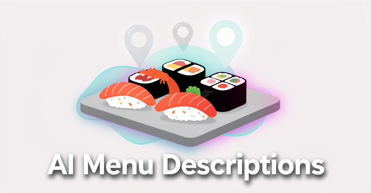 A minimalist flat illustration of sushi with map pin icons and brand color accents, featuring the headline 'AI Menu Descriptions' in the lower third for a blog on AI-generated menu descriptions boosting local SEO for sushi restaurants