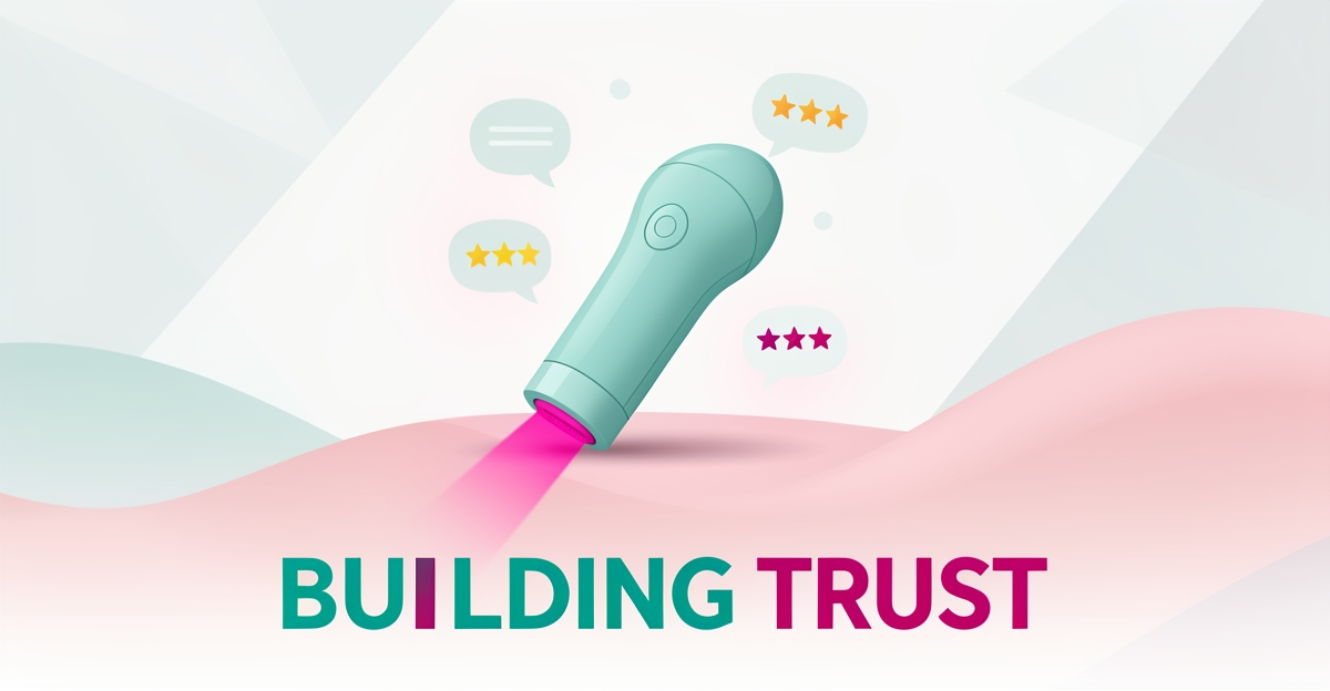 Flat illustration of a laser hair removal device with glowing beam, speech bubbles, and star ratings symbolizing patient trust, with headline Building Trust.