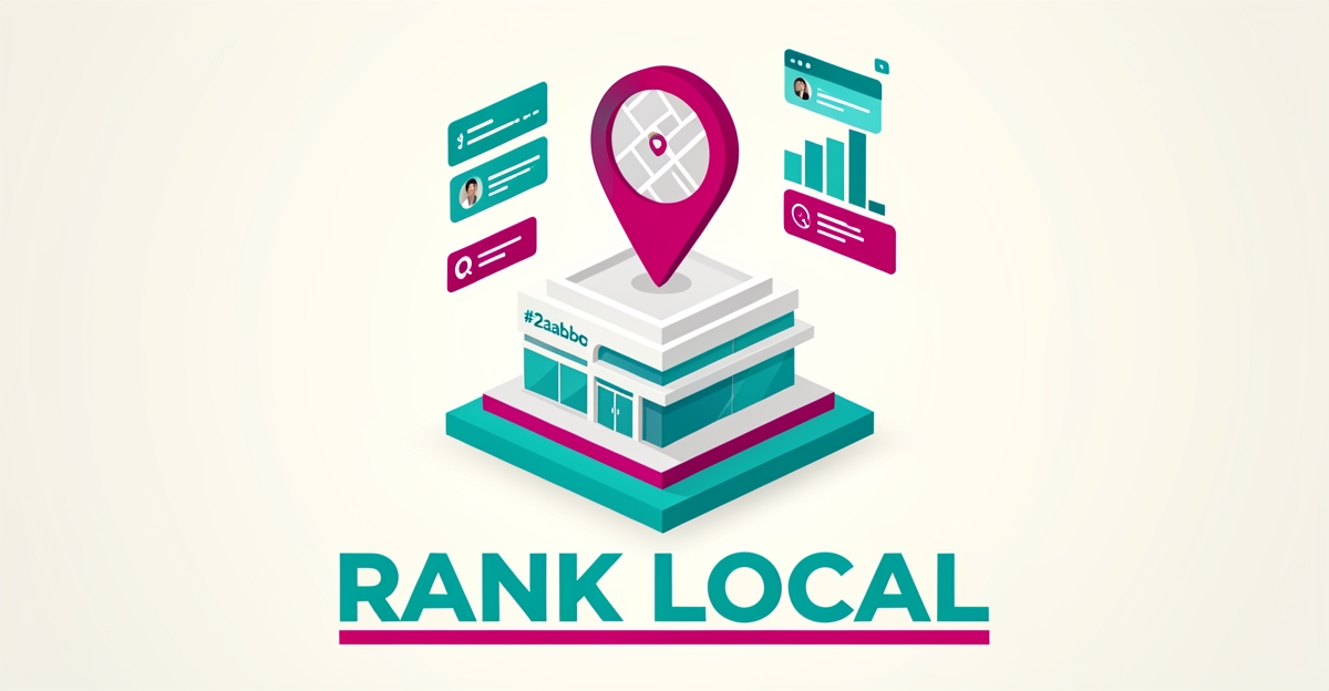 Flat illustration of a map pin over a clinic building with rising ranking charts in teal and magenta, headline reading Rank Local.