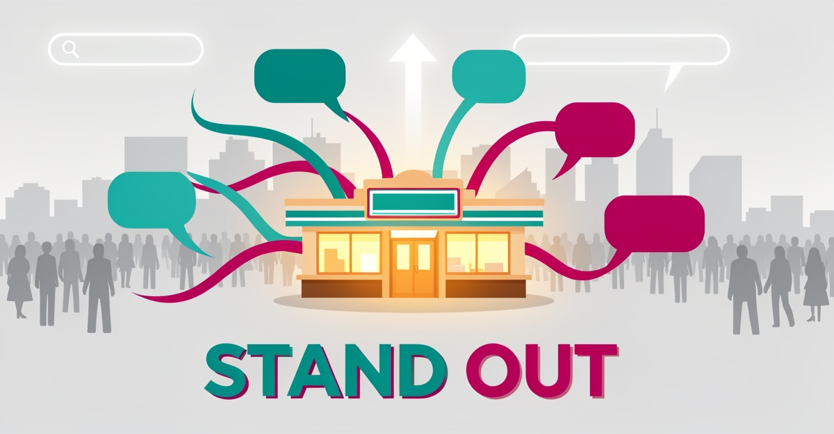 Flat illustration of a glowing diner standing out among gray competitors, with teal and magenta story ribbons and the headline Stand Out.