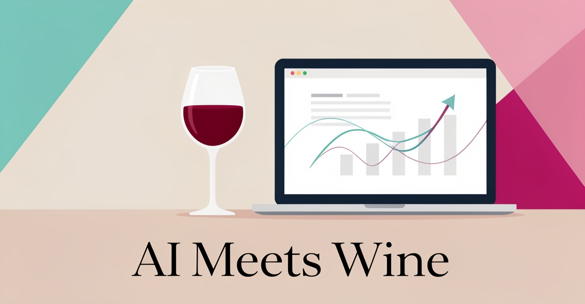 Flat illustration of a wine glass beside a laptop with abstract text and a rising ranking chart, accented in teal and magenta.