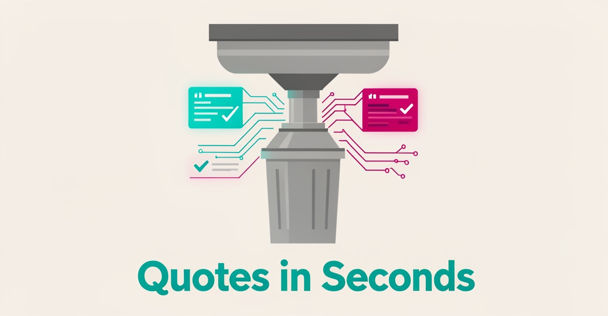 Flat illustration of a garbage disposal with AI data streams generating instant repair quote cards in teal and magenta.