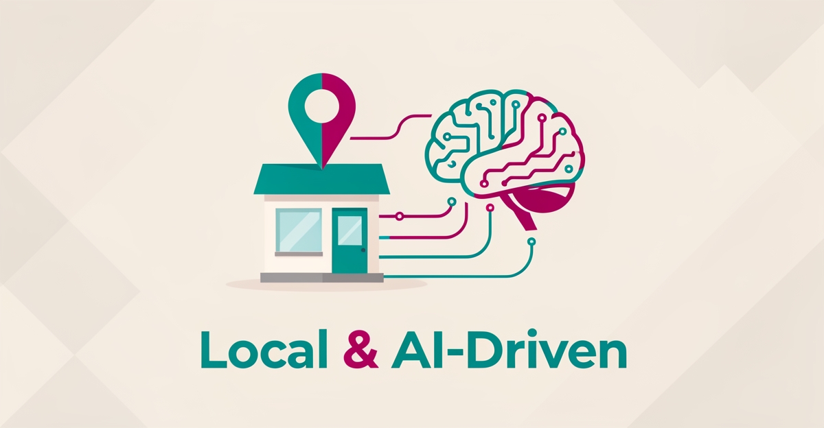 Flat illustration of an AI circuit-brain connecting to a storefront location pin with teal and magenta accents, headline reading Local & AI-Driven.