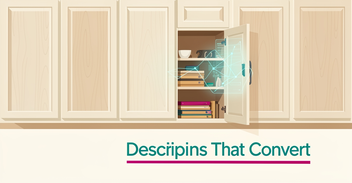 Flat illustration of custom cabinetry with glowing AI digital accents, teal and magenta headline reading Descriptions That Convert.