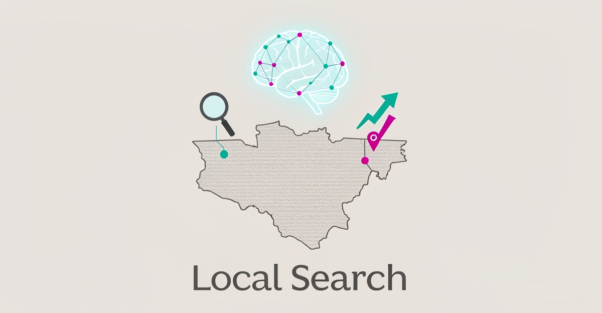 Flat illustration of AI network generating region-specific carpet care blog content that boosts local SEO and conversions.
