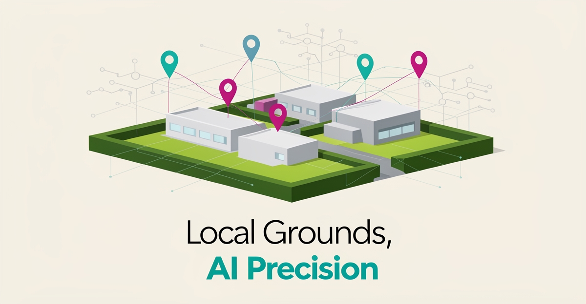 Flat illustration of an industrial park landscape overlaid with AI map grid and location pins in teal and magenta accents.