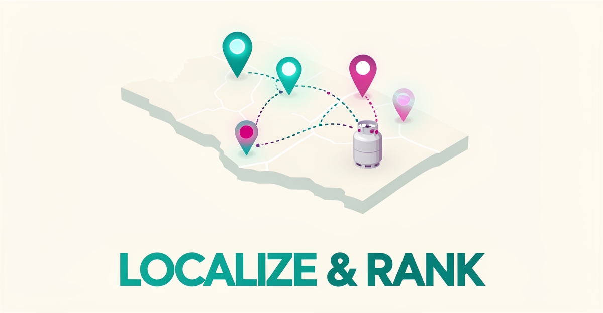 Flat illustration of a map with teal location pins connected to a propane tank icon, symbolizing localized propane delivery SEO.