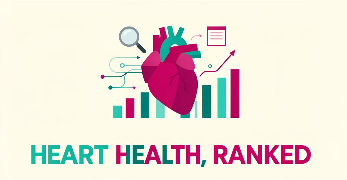 Flat illustration of a geometric heart with rising ranking bars and data streams in teal and magenta, symbolizing AI-generated heart health content that ranks in search.