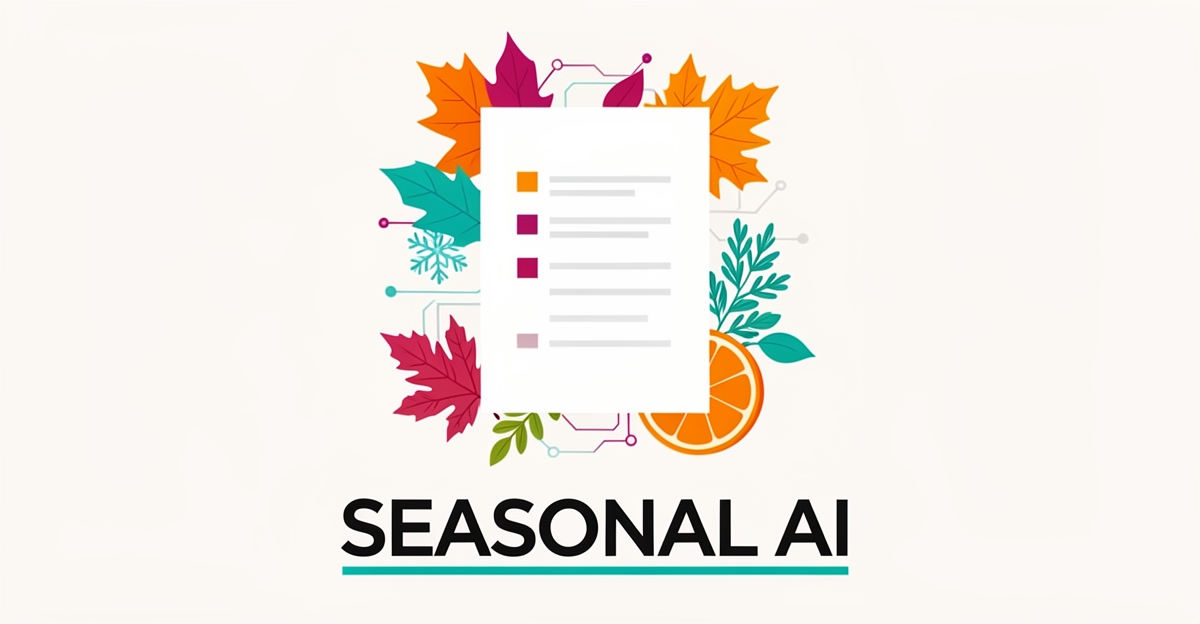 Flat illustration of a menu card surrounded by seasonal icons connected by AI circuit lines in teal and magenta, with headline Seasonal AI.