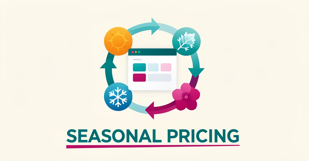 Flat illustration of seasonal icons cycling around a pricing dashboard with headline reading Seasonal Pricing in teal and magenta.
