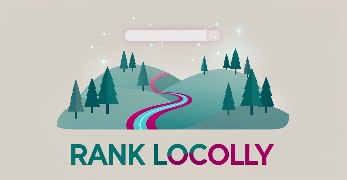 Flat illustration of a winding hiking trail with glowing AI data nodes in teal and magenta, headlined Rank Locally.