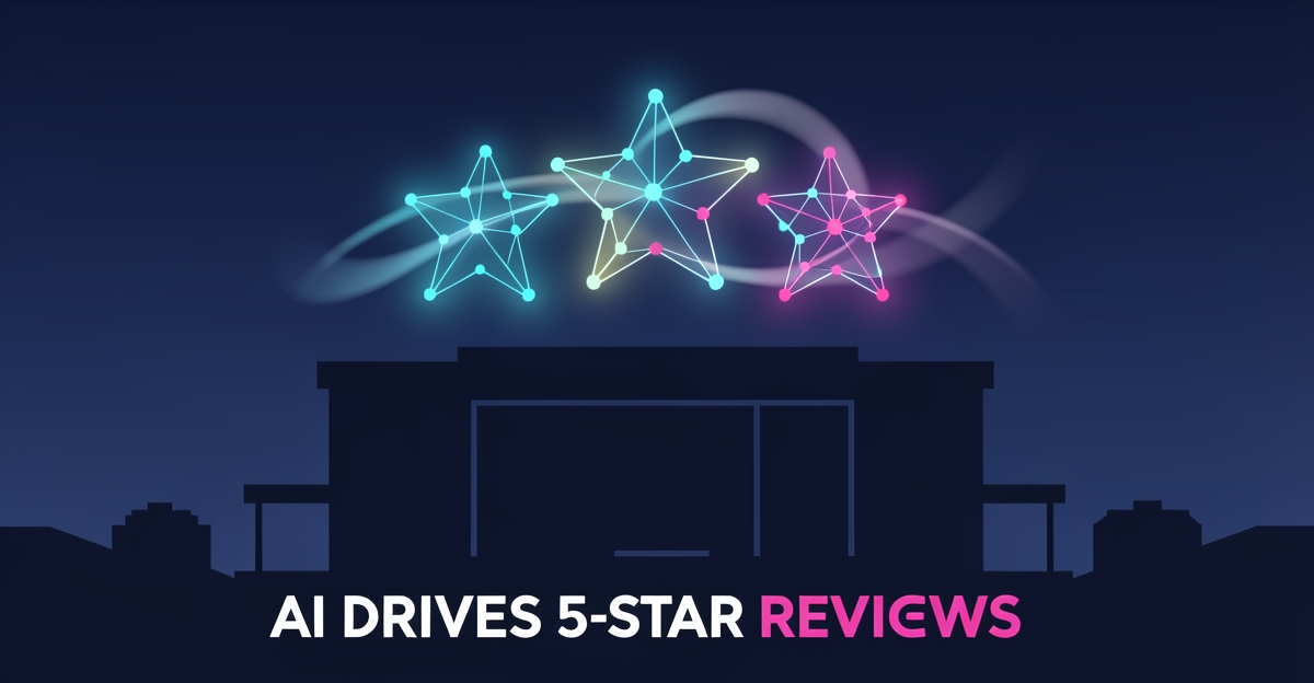 A minimalist flat illustration of a glowing five-star rating made of digital light nodes above a night-time venue silhouette, with brand-colored accents and the headline 'AI Drives 5-Star Reviews' in the lower third.