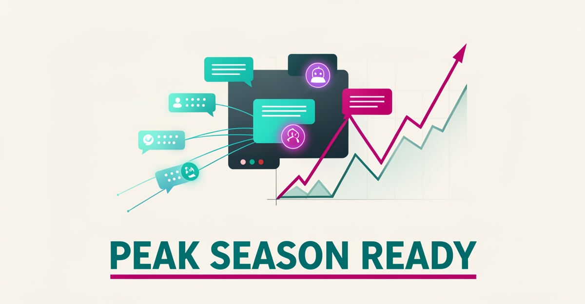 Flat illustration of a chatbot managing a surge of incoming inquiries with a rising spike chart in teal and magenta accents.