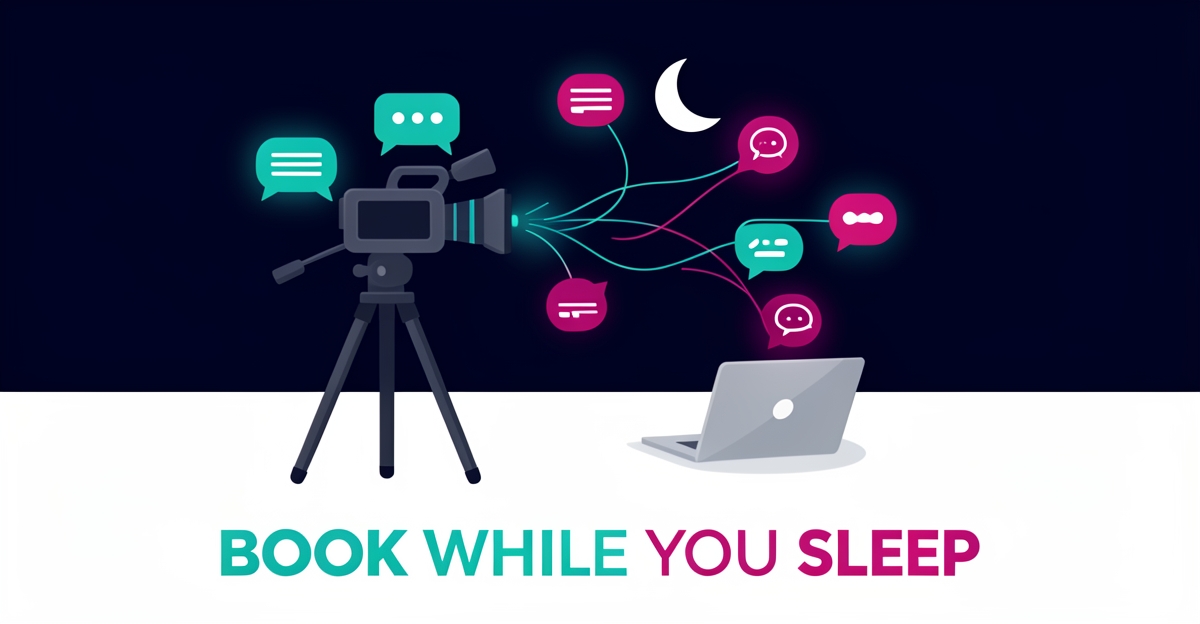 Flat illustration of an event video camera at night with AI chat bubbles capturing leads, headlined Book While You Sleep.