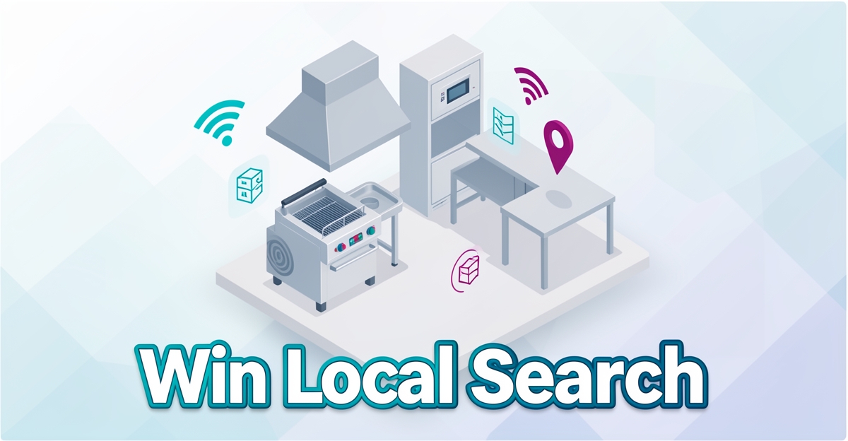 A minimalist isometric illustration of kitchen equipment with digital local SEO signals, featuring the headline 'Win Local Search' in the lower third.