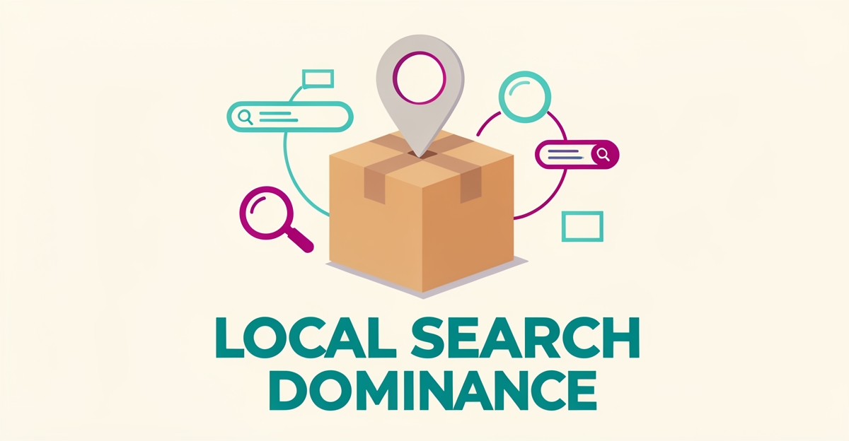 Flat illustration of a cardboard box with a location pin and search icons in teal and magenta, symbolizing AI-driven local search ranking for packing services.