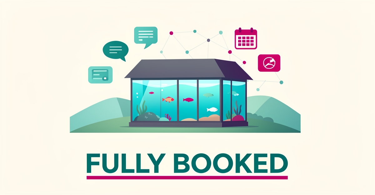 Flat illustration of a rural aquarium with AI booking icons and the headline Fully Booked in brand colors.