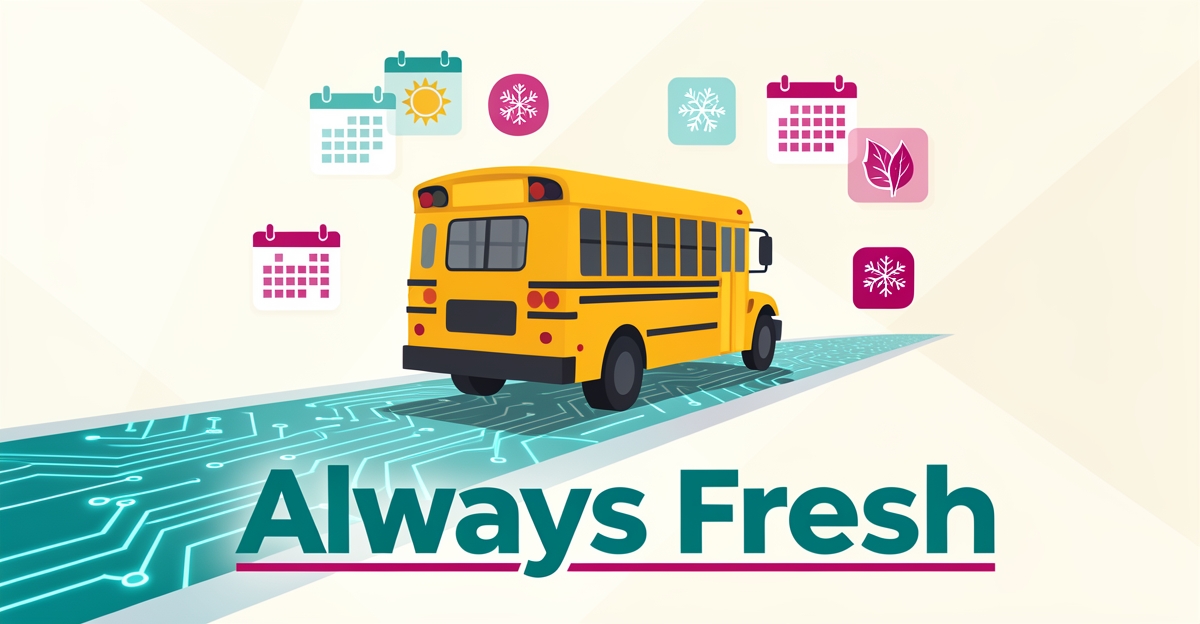 Flat illustration of a school bus driving on a glowing AI data-stream road with seasonal calendar icons, accented in teal and magenta, headlined Always Fresh.