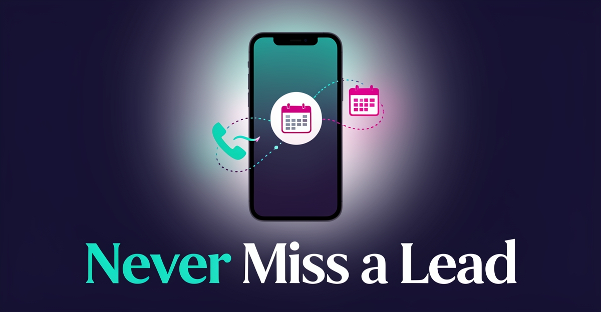 Flat illustration of a smartphone capturing after-hours calls with calendar scheduling icons in teal and magenta brand colors.