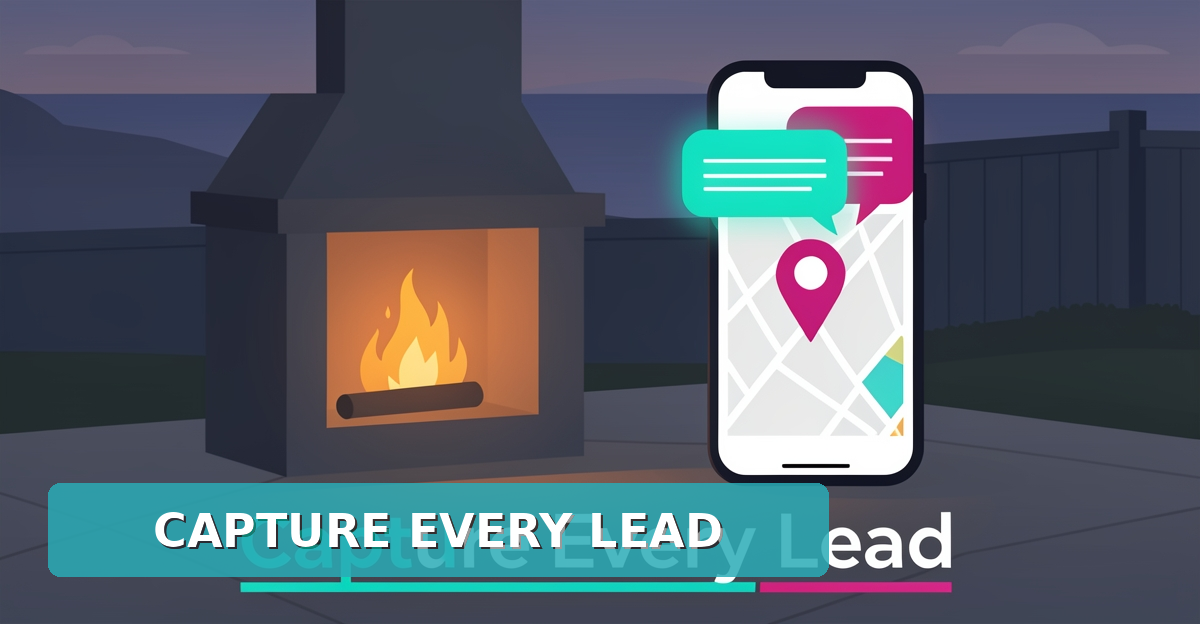 Flat illustration of an outdoor fireplace beside a smartphone with an AI chat bubble and map pin, headline reading Capture Every Lead.