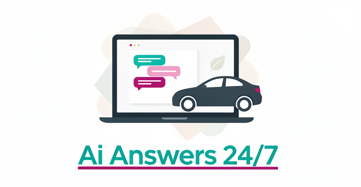 Flat illustration of a laptop chat assistant beside a car and eco icon, representing AI handling emissions queries for small businesses.