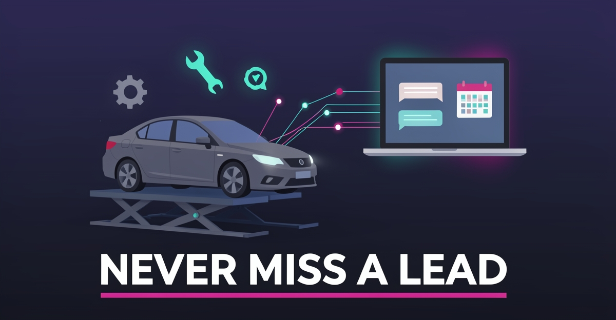 Flat illustration of an auto repair bay with glowing AI connection lines linking a car to a laptop, symbolizing automated lead capture.